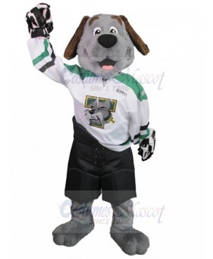 Smiling Grey Dog Mascot Costume in Goalkeeper Suit Animal