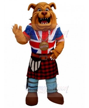 Brown British Bulldog Mascot Costume with Red Tartan Kilt Animal