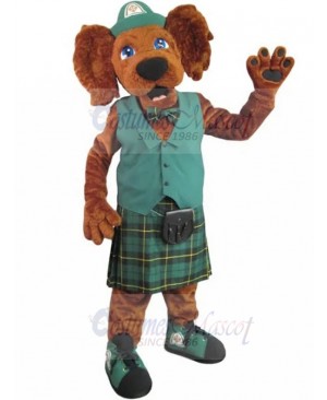 Brown Irish Setter Dog Mascot Costume in Green Work Uniform Animal