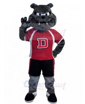 Energetic Athlete Grey Bulldog Mascot Costume in Red T-shirt Animal
