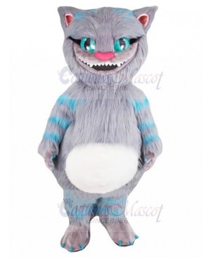 Smiling Grey and Blue Cheshire Cat Mascot Costume Cartoon