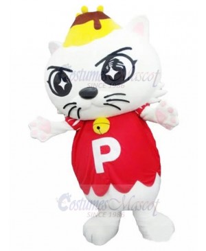 White Pudding Cat Mascot Costume with Red Shirt Animal