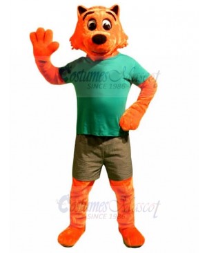 Superb Orange Cat Mascot Costume in Green Shirt Animal