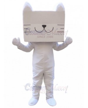 Smiling White Cat Mascot Costume with No Eyes Animal