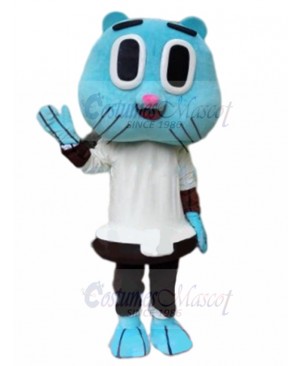 Happy Blue Cat Mascot Costume in White Shirt Animal