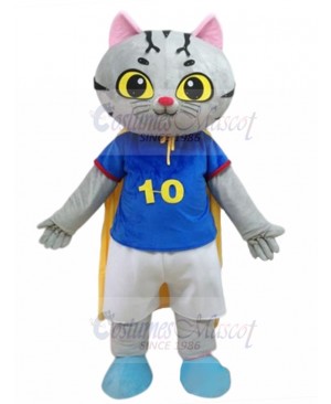 Grey Tabby Cat Mascot Costume with Yellow Cape Animal