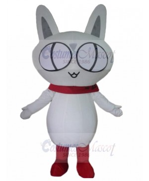 Big Eyes White Cat Mascot Costume with Red Scarf Animal