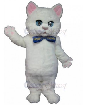 Royale White Cat Mascot Costume with Blue Bow Tie Animal