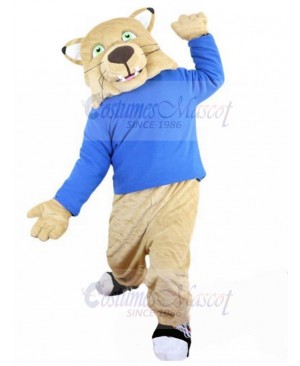 Affable Beige Wildcat Mascot Costume in Blue Shirt Animal