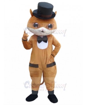 Brown Gentleman Cat Mascot Costume in Hat Animal