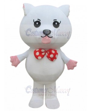 White Cat Mascot Costume with Red and White Bow Tie Animal
