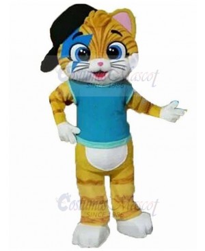 Yellow Tabby Cat Mascot Costume in Black Baseball Cap Animal