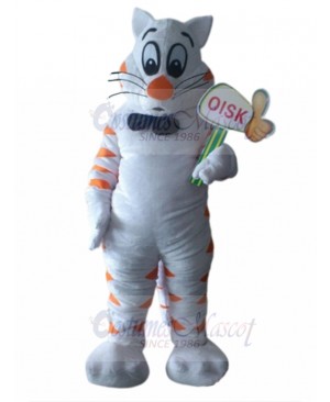 White and Orange Cat Mascot Costume with Black Bow Tie Animal