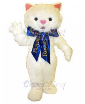 Hairy White Cat Mascot Costume with Blue Ribbon Animal