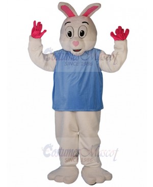 White Rabbit Mascot Costume in Blue Shirt Animal