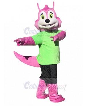 Pink Squirrel Mascot Costume in Green Shirt Animal