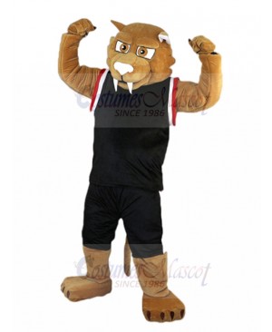 Powerful Brown Leopard Mascot Costume in Black Jersey Animal