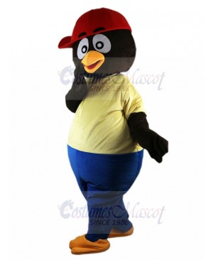 Cool Black Penguin Mascot Costume with Red Cap Animal