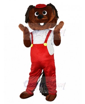 Brown Hamster Mascot Costume in Red Overalls Animal