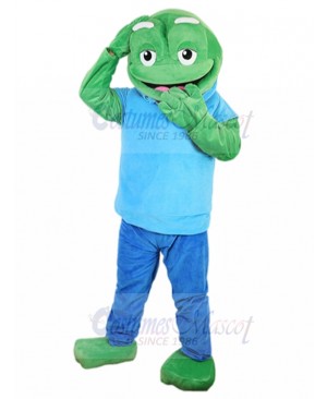 Amiable Green Frog Mascot Costume with Blue Hoodie Animal
