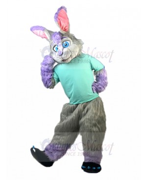 Grey Rabbit Easter Bunny Mascot Costume with Blue T-shirt Animal