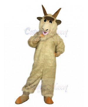 Confident Beige Goat Mascot Costume with Long Fur Animal
