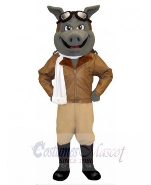 Gray Aviator Pig Mascot Costume Animal