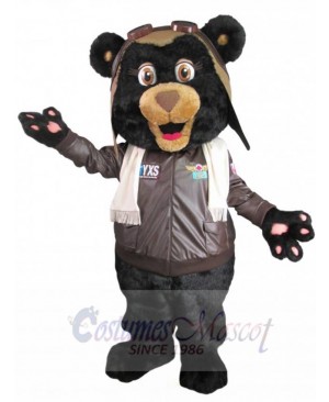 Black Pilot Bear in Brown Jacket Mascot Costume Animal