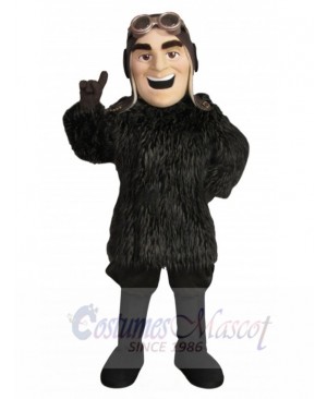 Pilot in Black Warm Fur Coat Mascot Costume People