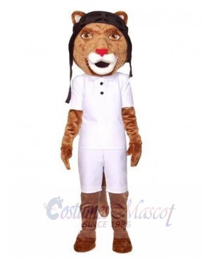 Pilot Lion in White Polo Shirt Mascot Costume Animal