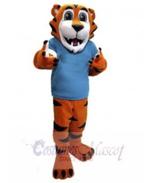 Friendly Tiger Mascot Costume Animal in Blue Shirt