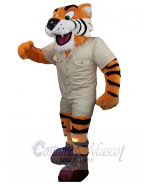 Friendly Tiger Mascot Costume Animal in White Overalls