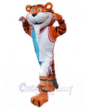 Happy Sport Tiger Mascot Costume in White Jersey