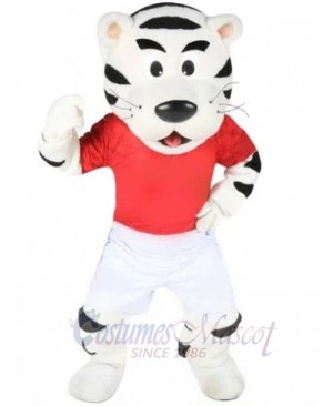 White Tiger Mascot Costume Animal in Red T-shirt