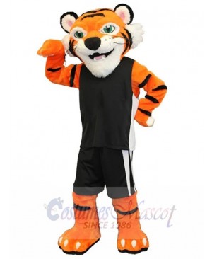 Friendly Tiger Mascot Costume Animal with Green Eyes