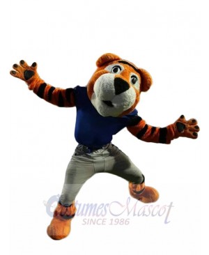 Funny Tiger Mascot Costume Animal in Blue Shirt