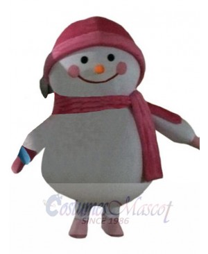 Snowman Mascot Costume Cartoon with Pink Hat and Scarf