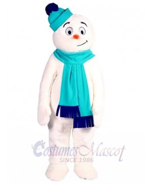 Snowman Mascot Costume Cartoon with Light Blue Hat and Scarf