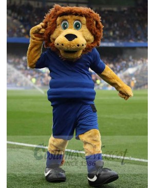Yellow Lion Mascot Costume Animal in Blue Jersey