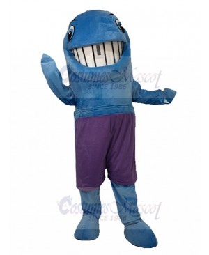 Grinning Blue Whale Mascot Costume in Purple Pants Animal
