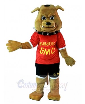 Khaki Bulldog Mascot Costume with Cultural Shirt Animal
