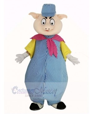 Pig in Blue and White Stripe Suit Mascot Costume