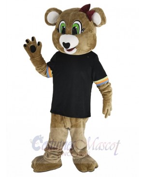 Brown Female Bear Mascot Costume Animal in Black T-shirt