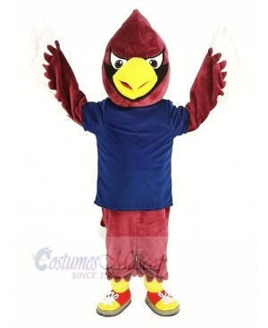Red Cardinal Bird in Dark Blue Shirt Mascot Costume