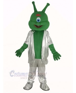 Green Alien in Silver Suit Mascot Costume