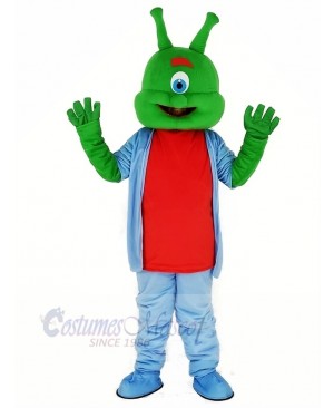 Green Alien with Blue Coat Mascot Costume Cartoon		