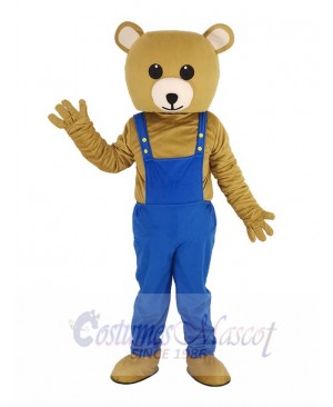 Brown Teddy Bear in Blue Overalls Mascot Costume Animal