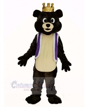 Dark Brown King Bear in Purple Waistcoat Mascot Costume Animal