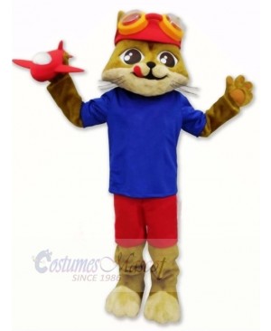 Pilot Cat with Blue T-shirt Mascot Costumes Cartoon