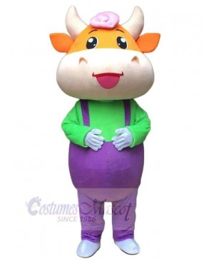 High Quality Cow in Purple Overalls Mascot Costume Animal